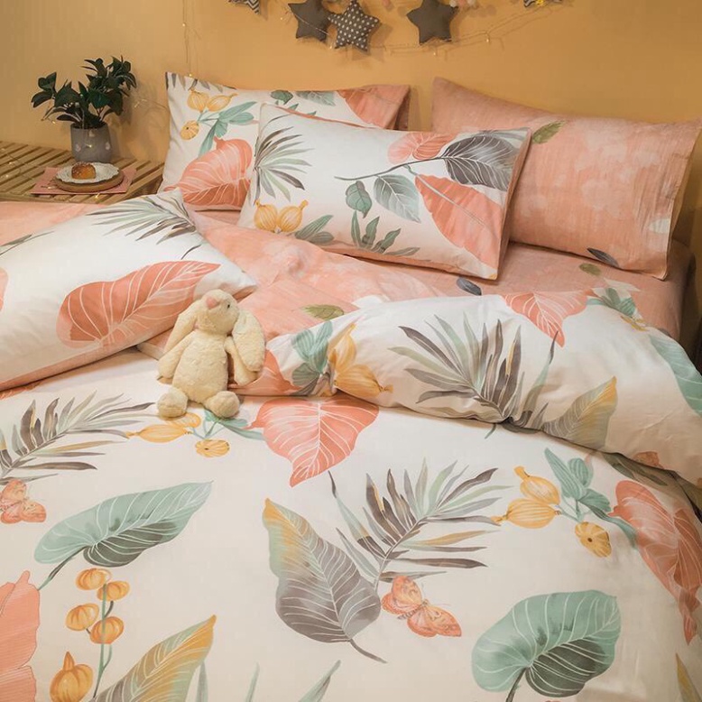 Bộ chăn ga gối Cotton poly Miha Bedding Lá đỏ, vỏ chăn mền, drap nệm và 2 vỏ gối