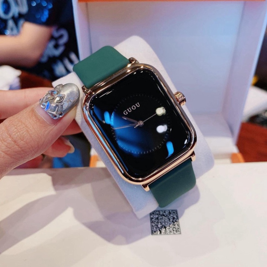 Đồng hồ nữ guou quai silicol mặt chữ nhật siêu hot  bản dây aple donghonu bảo hành 12 tháng