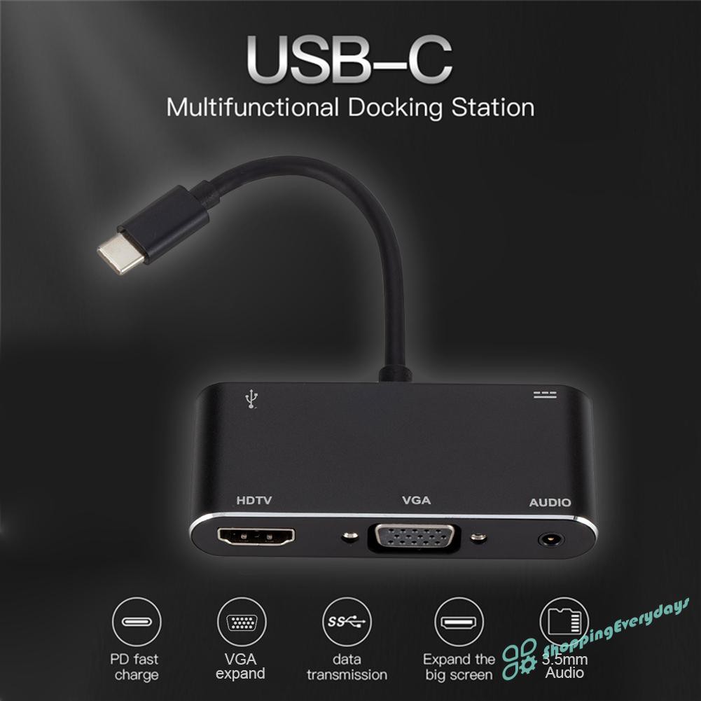 SV Bộ Chuyển Đổi 5 Trong 1 Usb Type-C Hub 4k Hdmi Vga 3.5mm Audio Usb3.0 Pd