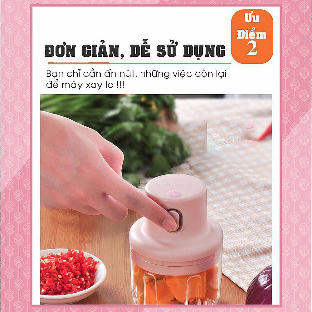 Máy Xay Đồ Ăn Dặm Cho Bé Mini Sạc Điện,, Máy Xay Tỏi Ớt Đa Năng Nhỏ Gọn Dễ Sử Dụng, Xay Hành, Tỏi, Rau Củ