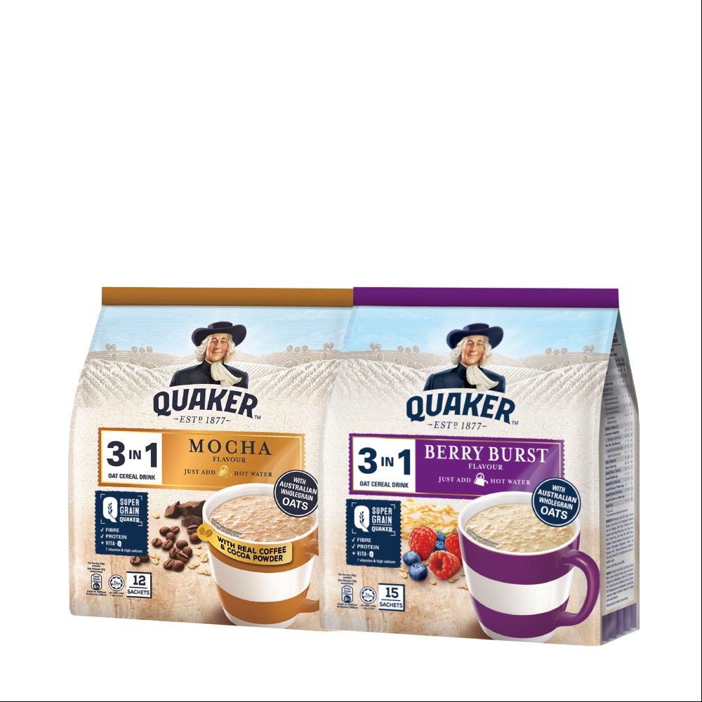 [Mã GRO1APR giảm 20K đơn 150K] Combo 2 Túi Thức Uống Yến Mạch Quaker 3in1 Vị Mocha 336g &amp; Berry Burst 450g