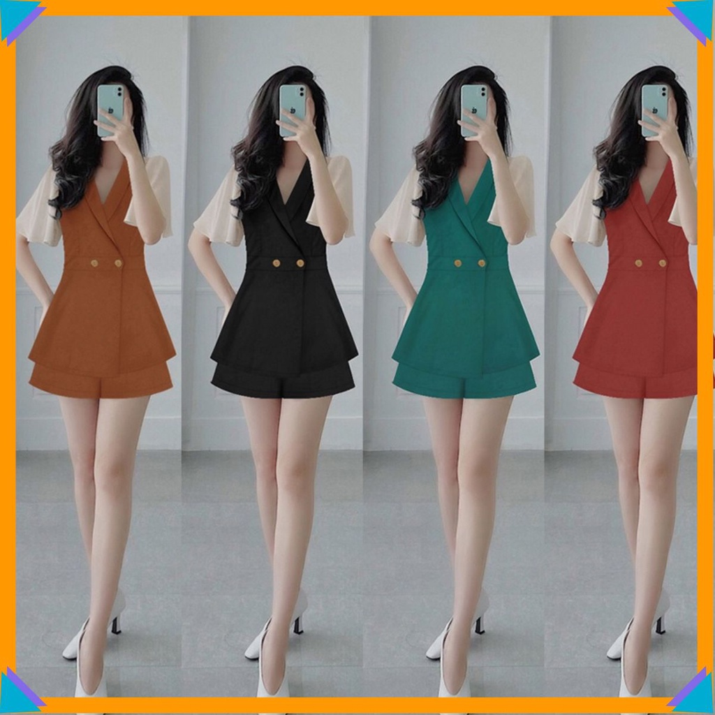 Set đồ nữ nguyên bộ áo cổ vest tay phối lưới quần đùi cá tính J1158