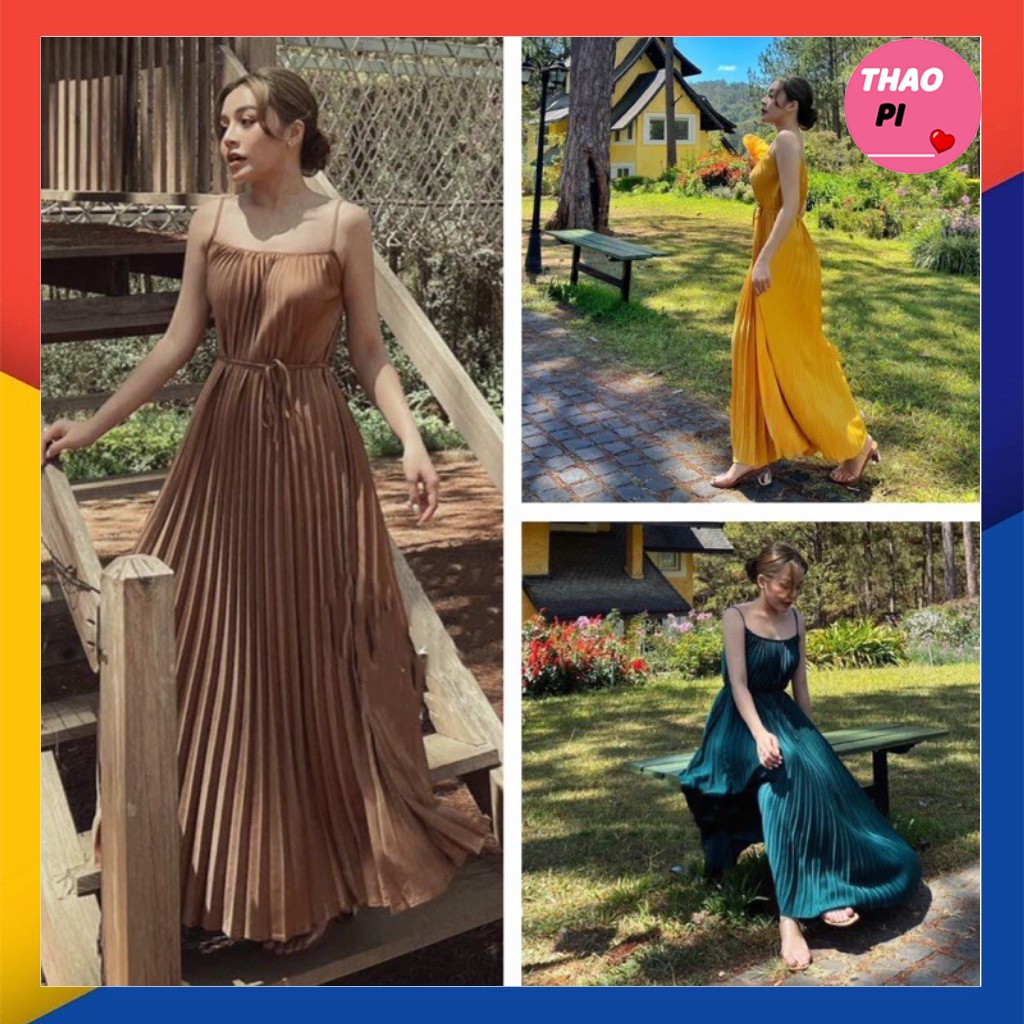 Đầm maxi suông dài dập ly lụa satin siêu đẹpo