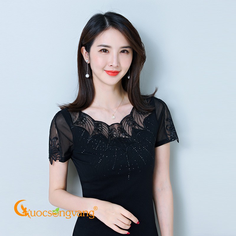 Áo thun nữ thêu ren áo kiểu đính đá ngắn tay màu đen GLA175 Cuocsongvang