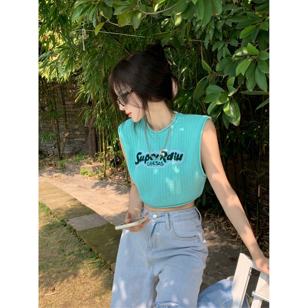 Cocory vn Áo Croptop Sát Nách Hoạ Tiết Chữ Thêu Hợp Thời Trang Cho Phái Nữ