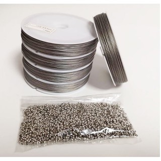 dây cáp, dây thép dẻo , chốt kẹp bi đầu dây 2.5mm xỏ hạt làm vòng, rèm màu xám