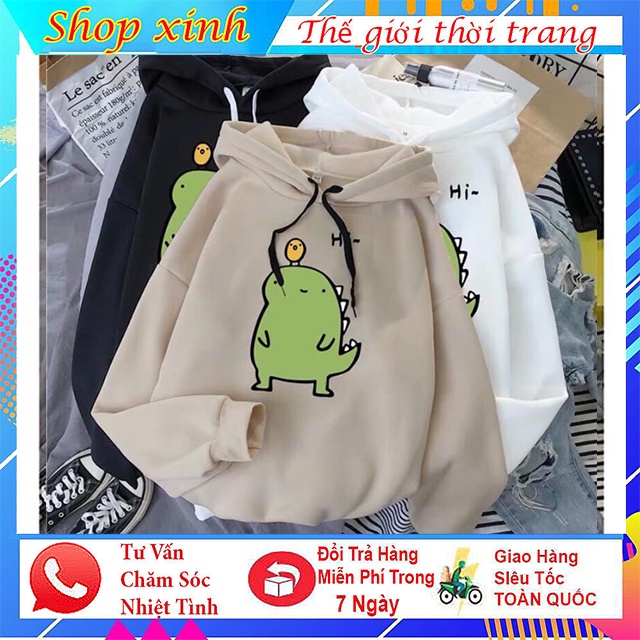 Áo hoodie, áo nữ lót nỉ freesize From rộng hình khủng long dễ thương 45 - 58kg thời trang - năng động | BigBuy360 - bigbuy360.vn