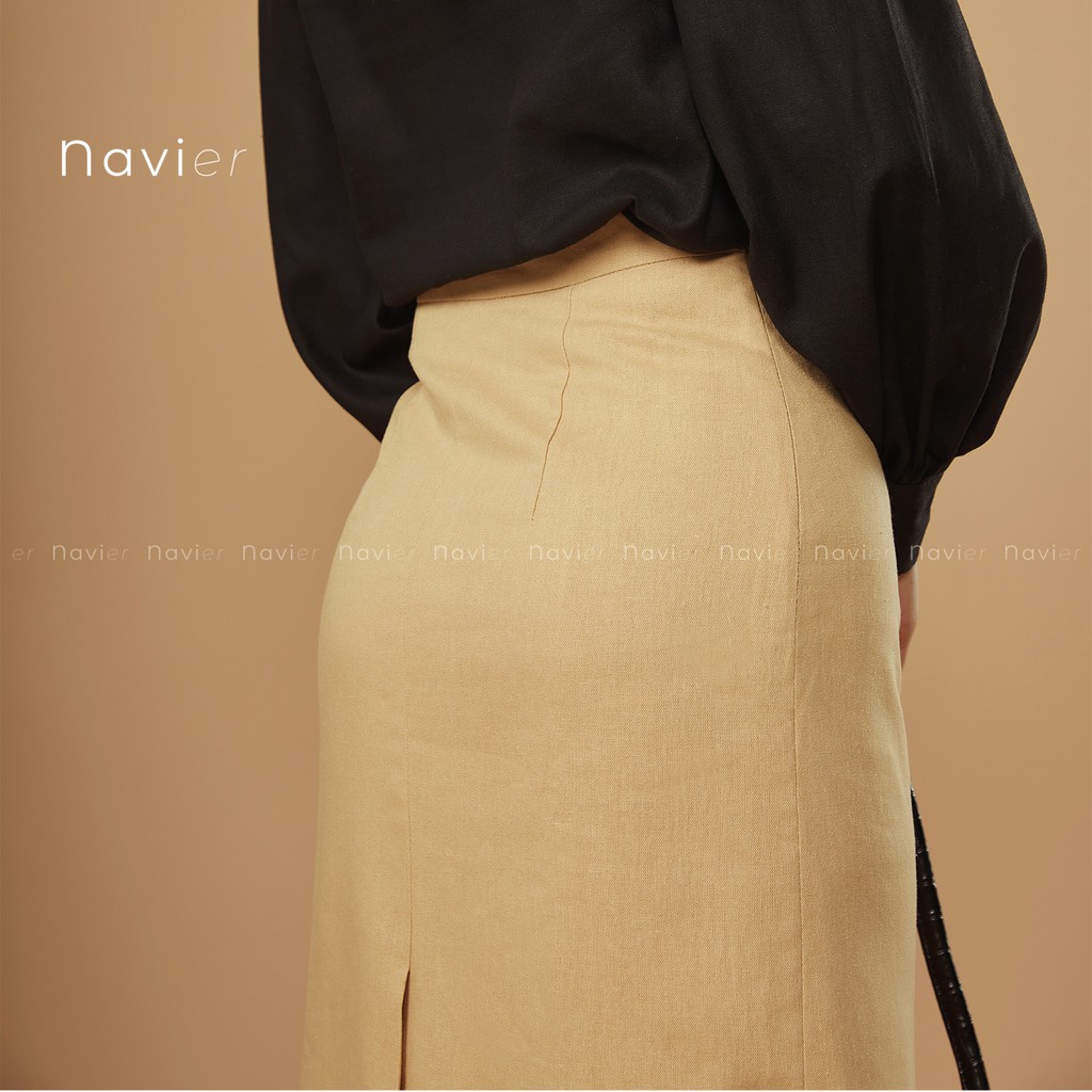 CHÂN VÁY MIDI DÀI SUÔNG CHỮ A CÔNG SỞ 2 LỚP XẺ TÀ ÔM NHẸ MÀU TRẮNG VÀNG TÍM BE - LINEN OFFICE SKIRT CV01 NAVIER | BigBuy360 - bigbuy360.vn