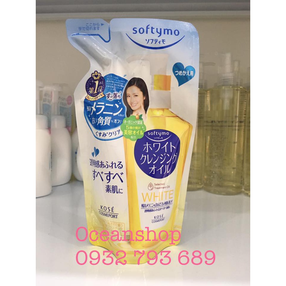 Túi Refill dầu tẩy trang Kose Softymo White Cleansing Oil 200ml (Bill mua tại siêu thị Nhật ảnh bên cạnh)