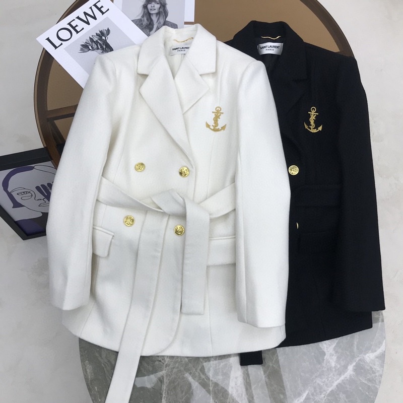 Áo khoác vest nữ hai hàng khuy có đai thắt eo thương hiệu thời trang cao cấp YSL