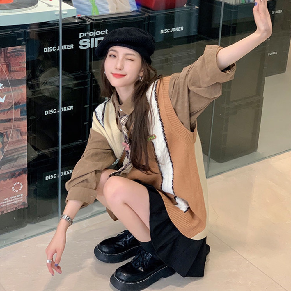 Áo Dệt Kim Sát Nách Dáng Rộng Màu Sắc Phong Cách Hàn Quốc Dành Cho Nữ