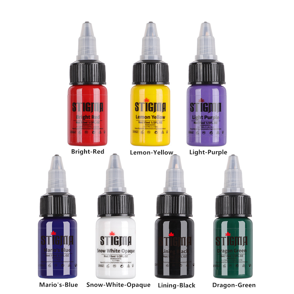 USA Stigma New Coming 7 Basic Colors Professional Tattoo Ink Set used to harvest the Kit 1/2 oz (15 ml) Natural Plant Extracts minerals, used for body coloring