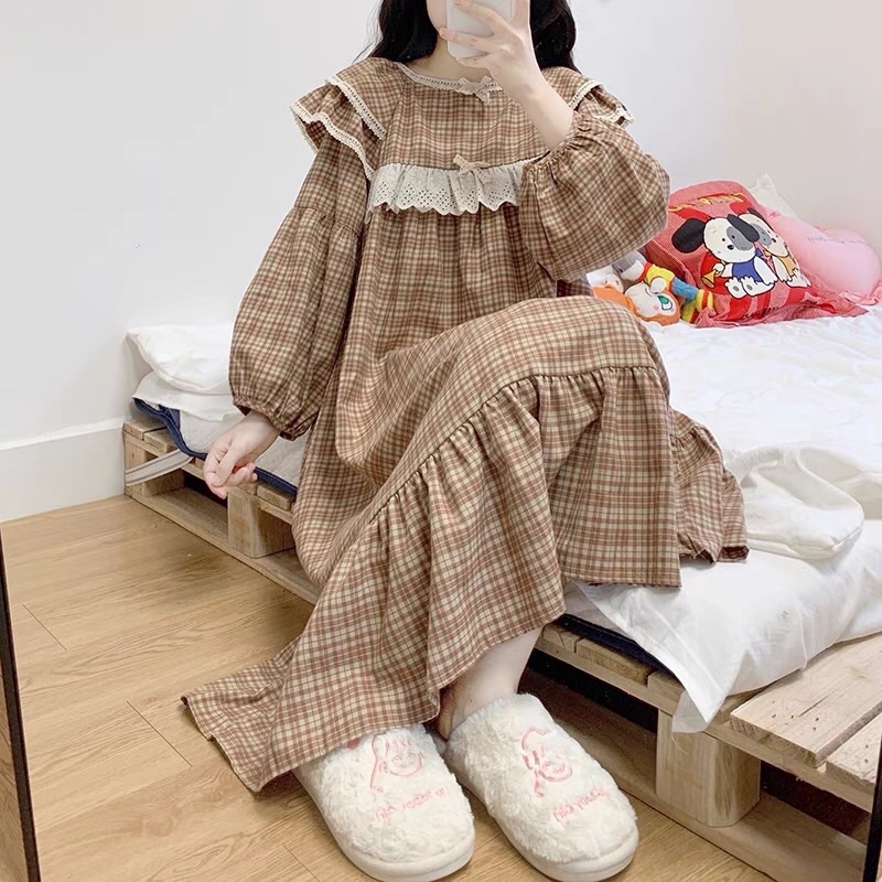 BỘ / VÁY MẶC NHÀ ULZZANG KẺ CARO NÂU BÈO NGỰC rẻ nhất shopee