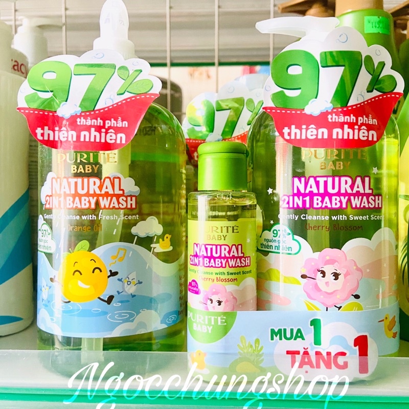Combo Sữa tắm gội Purité Baby Hương hoa anh đào 2in1 cho bé 500ml + tặng sữa tắm gội Purité hoa anh đào 60ml