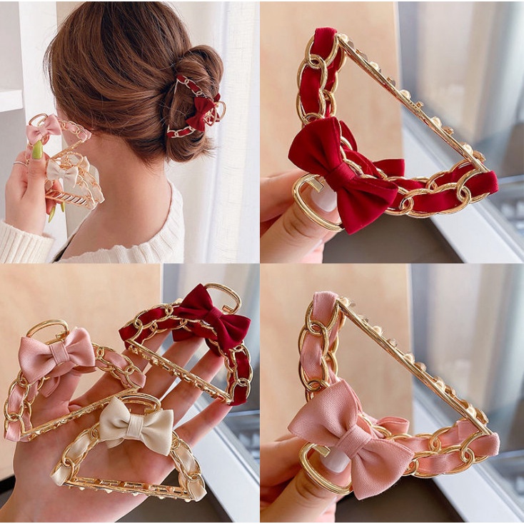 Kẹp tóc nữ nơ hàn quốc, kẹp móc xích kim loại dây nơ tiểu thư, sang chảnh