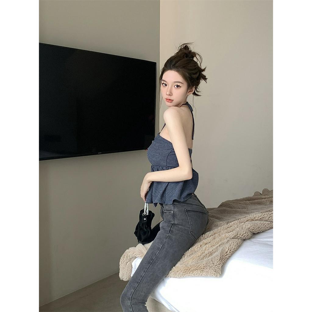QADCOL  Áo Lửng Hai Dây Cổ Yếm Dáng Ngắn Quyến Rũ Mùa Hè Cho Nữ