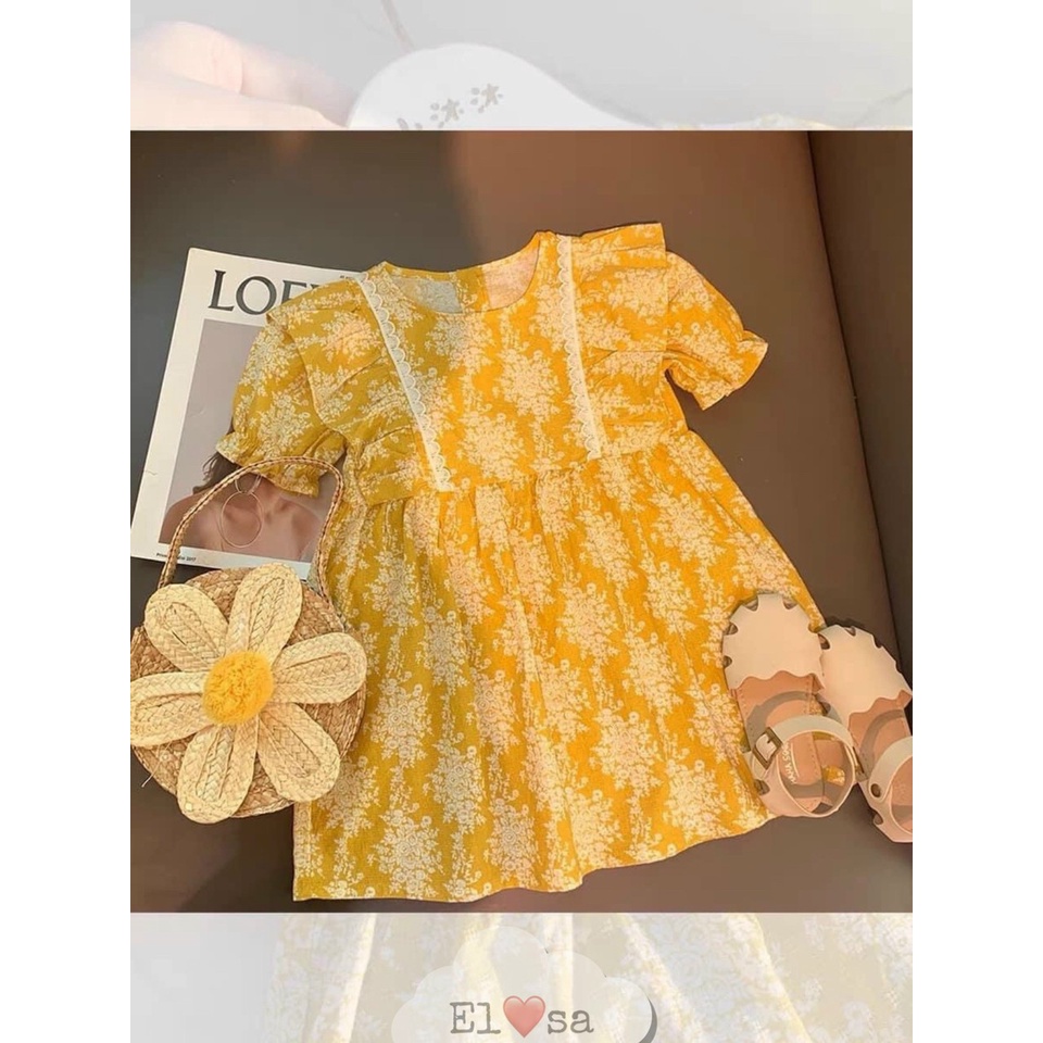 Váy bé gái - Váy hoa vàng tay bồng siêu xinh cho bé 1-5 Tuổi