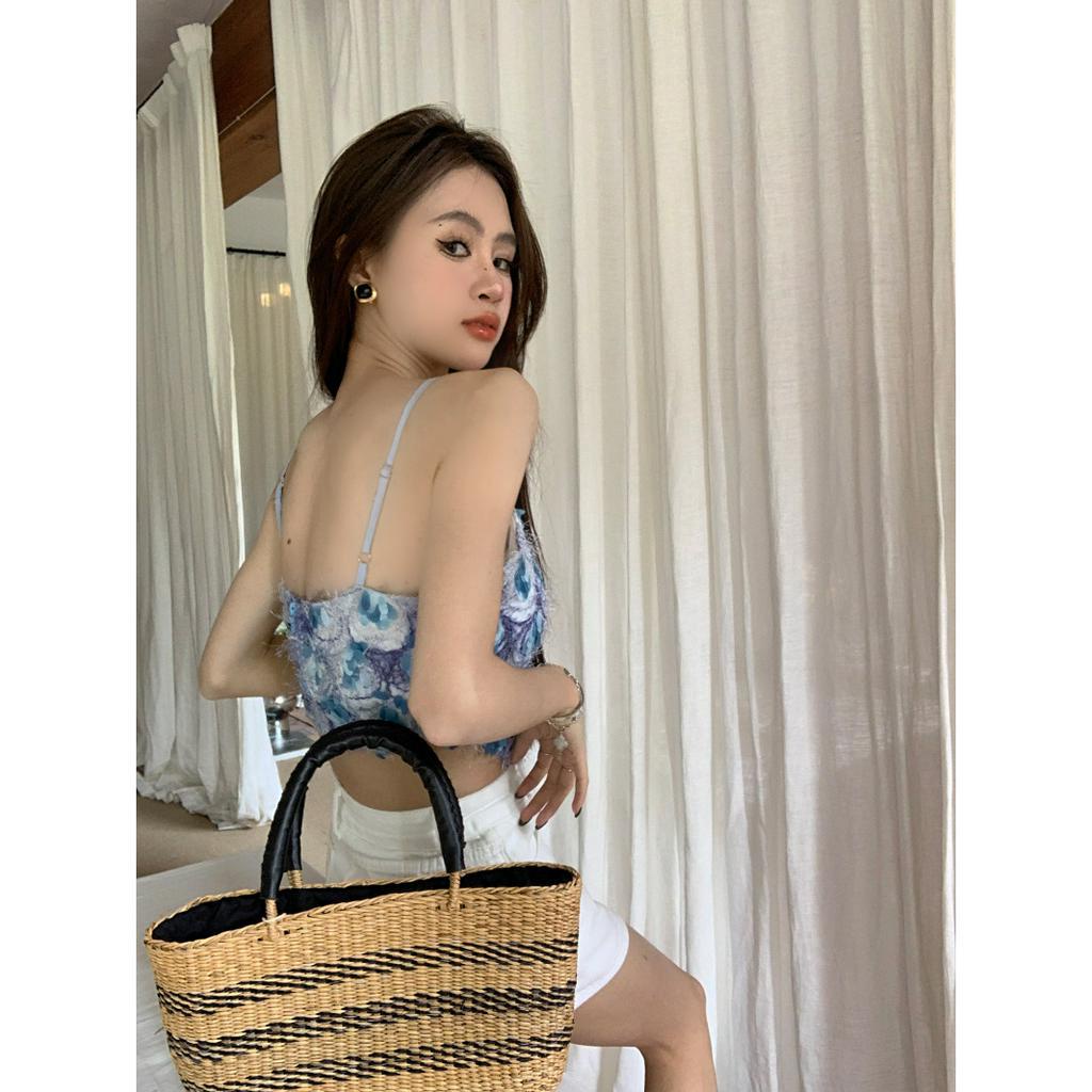 Áo Croptop Hai Dây Dáng Ôm Đính Kim Sa Và Nơ Hở Lưng Quyến Rũ Thời Trang Mùa Hè Mới Cho Nữ