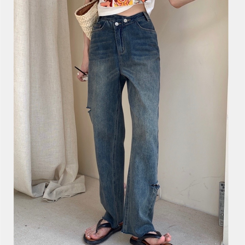 Quần Jean Nữ Lưng Cao Ống Đứng Rách Gối Thời Trang