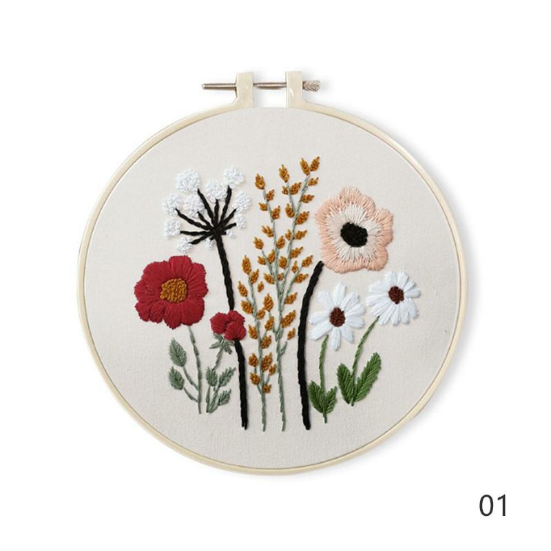 Set thêu thủ công đầy đủ hình in trên vải, kim chỉ và khung thêu