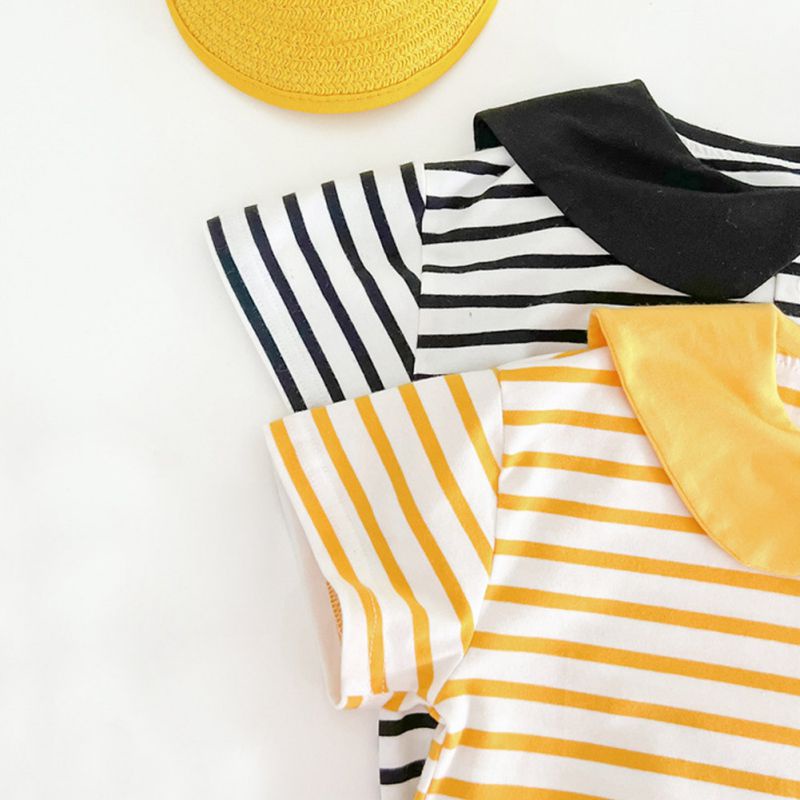 Áo Liền Quần Tam Giác Cổ Thủy Thủ Họa Tiết Hoạt Hình Kẻ Sọc Màu Tương Phản Thời Trang Mùa Hè Cho Bé