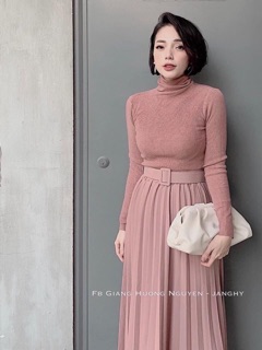 Chân váy midi xếp li kèm đai