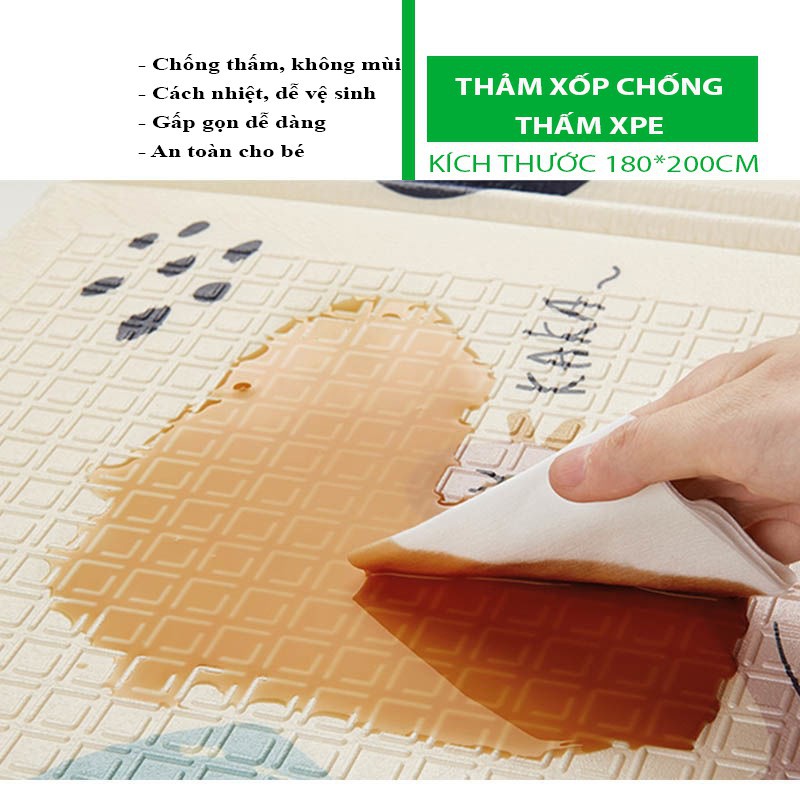 Thảm xốp gấp gọn XPE 2 mặt phủ Silicone Hàn Quốc chống thấm tuyệt đối, chống ngã, cho bé tập bò 1m8x2m