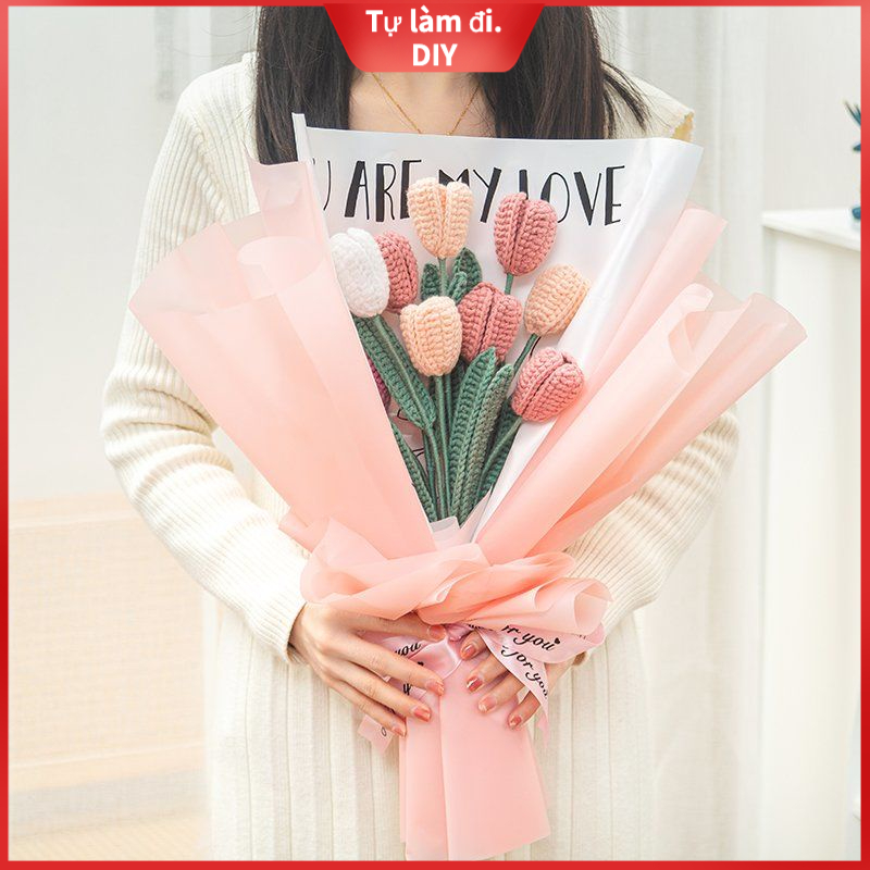 Làm bằng tay hoa tulip len bó hoa Vật liệu tự làm túi dệt tay bó hoa móc móc quà tặng cho mẹ của bạn gái