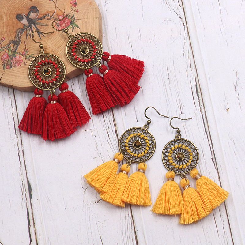 Khuyên tai Vintage mặt trong đan kết hợp tua rua bản lớn, bông tai thời trang cho nữ