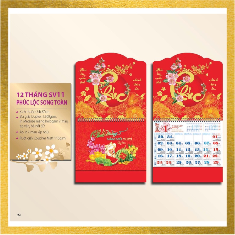 Lịch Treo Tường 2023 - Lịch Âm Dương 12 tờ 30x40cm mỗi tháng là 1 tờ, Lịch Tết 2023 QUÝ MÃO