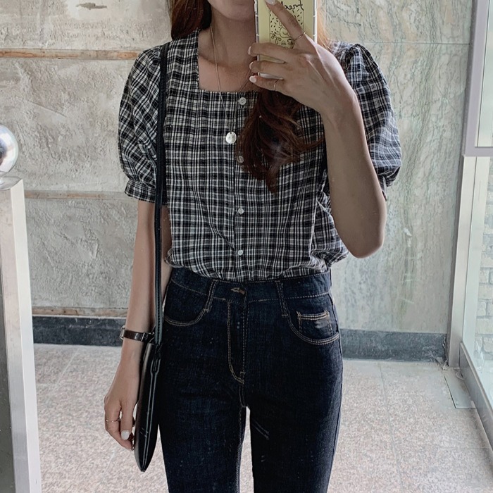 Áo Sơ Mi Tay Ngắn Cổ Vuông Kẻ Ca-Rô Trẻ Trung Hợp Thời Trang 2021