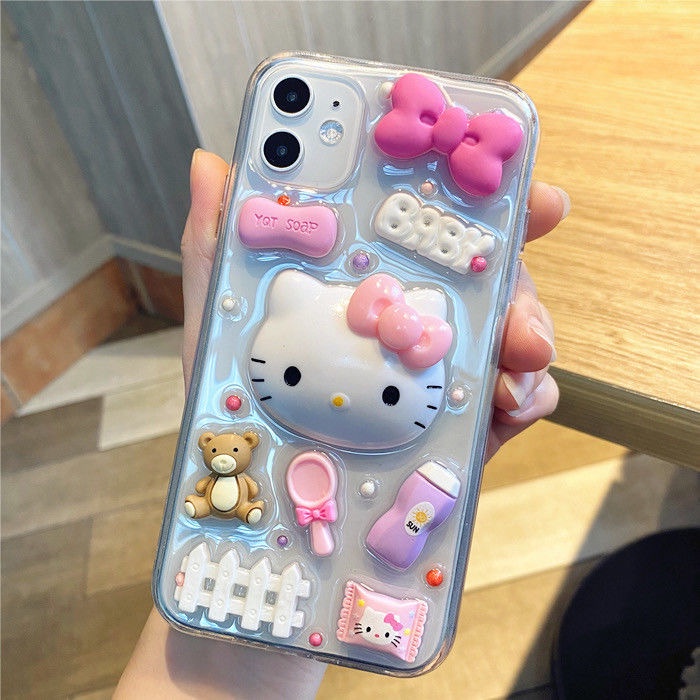 Ốp Điện Thoại Trong Suốt Họa Tiết Hello Kitty 3D Dành Cho iPhone 13 12 11 Pro MAX Mini XR XS MAX 8 X 7 SE