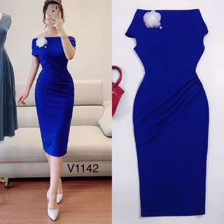 Đầm body bẹt vai đính hoa chất umi freesize 2 màu xanh và trắng
