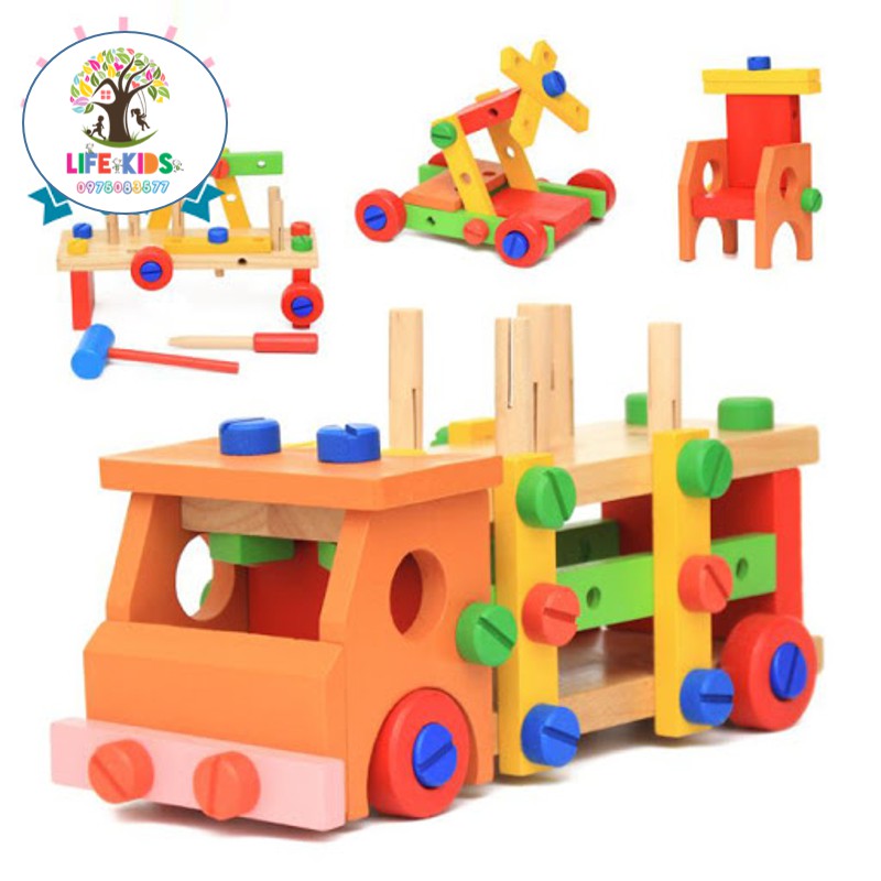 Đồ chơi gỗ - Bộ xe lắp ráp, xếp hình kèm đập bóng -xe ốc vít lắp ráp kèm đập bóng