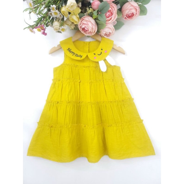Bộ Váy Đầm Bé Gái In Chữ Happy Baby Chất Đũi Mềm Thoáng Size 8-25Kg