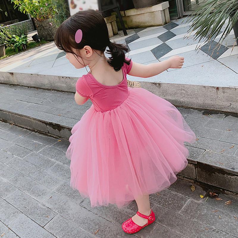 Đầm tay ngắn cổ tròn phối lưới thời trang Hàn Quốc ngọt ngào cho bé gái 2-7 tuổi