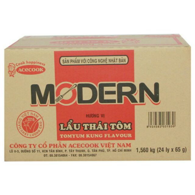 Thùng mì ly modern lẩu thái tôm 24 ly × 65g