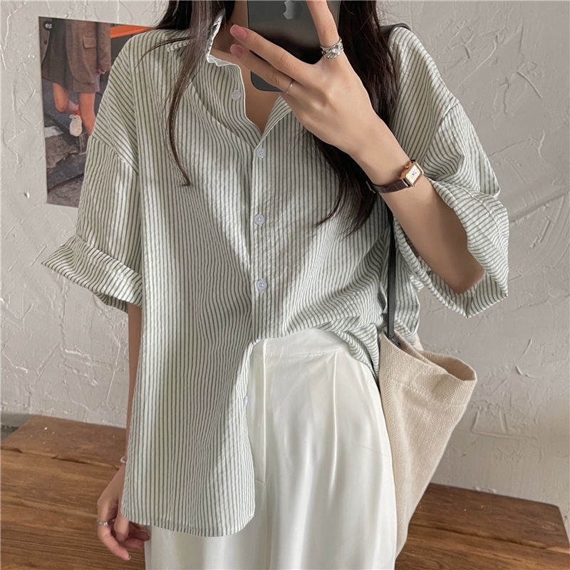 Áo sơ mi IELGY dáng rộng họa tiết kẻ sọc phong cách Hàn Quốc thời trang cho nữ