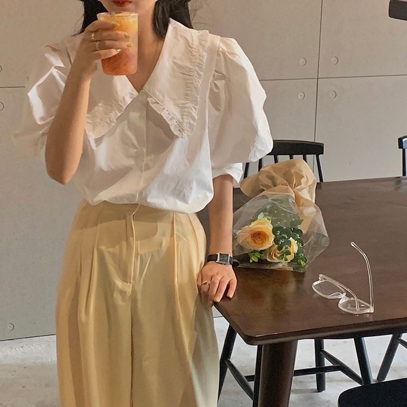 Áo sơ mi tay phồng ngắn màu trơn thời trang mùa hè phong cách Hàn Quốc