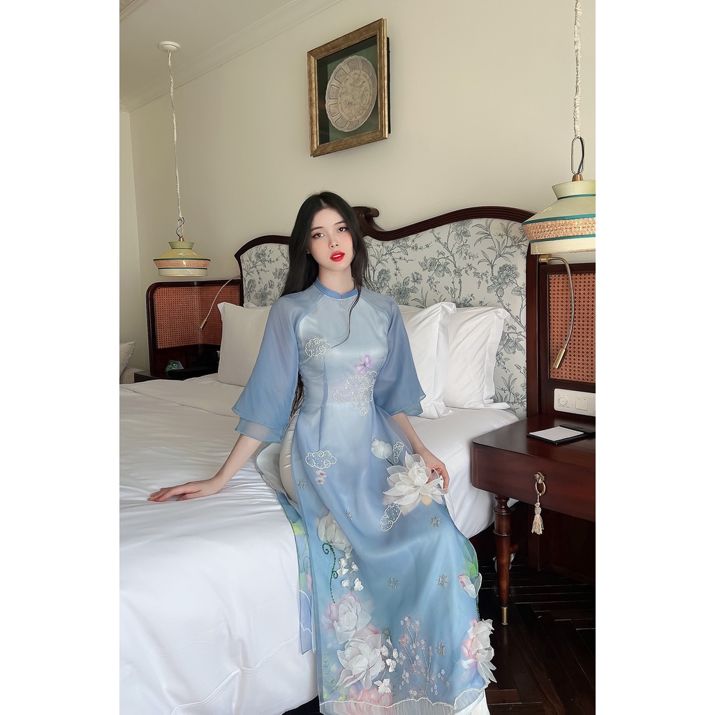 Áo dài cách tân 4 tà ĐÓA NHI hoa sen 3D siêu đẹp
