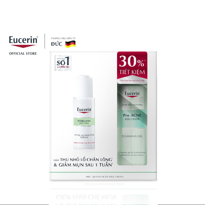 [Ưu Đãi 30%] Bộ sản phẩm giảm mụn Eucerin Pro Acne: Poreless Serum 30ml &amp; Gel Rửa Mặt 200ml