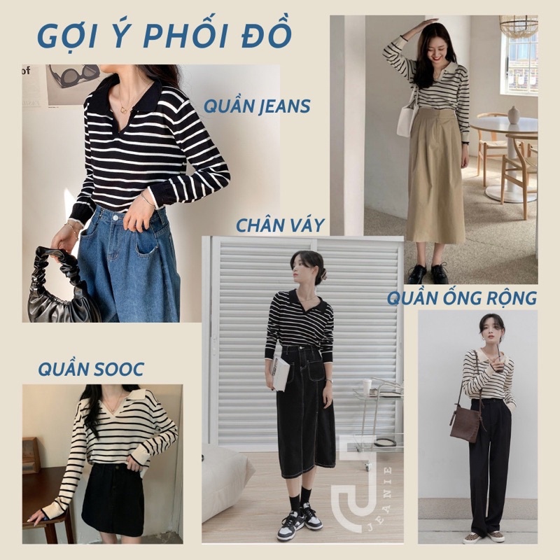 Áo len nữ mỏng dài tay JEANIE, áo len mongtoghi cổ V hoạ tiết kẻ sọc Hàn Quốc, áo len tăm Hot trend Thu Đông 2021