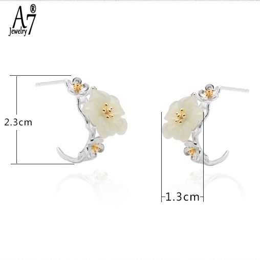 Khuyên Tai Bạc A7 Họa Tiết Hoa Anh Đào Đính Đá Ngọc Bích Trắng Chống Dị Ứng