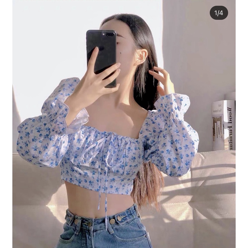 Áo croptop xanh nhún hoa nhí thắt nơ KÈM ẢNH THẬT  BAO KIỂM ❌