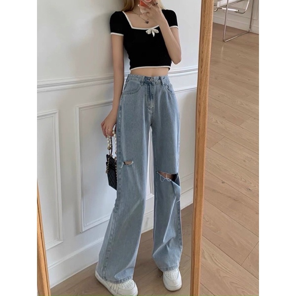 Quần Baggy Nữ Jean Rách Kiểu Phong Cách  Lưng Cao Ống Rộng Bigsize Size Đại Từ 40kg Đến 82kg Hàng VNXK