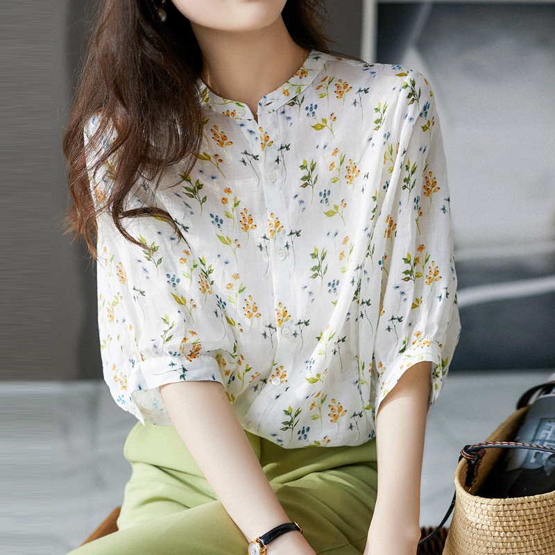 Áo Sơ Mi Cổ Đứng Tay Phồng In Họa Tiết Thời Trang Cao Cấp Cho Nữ