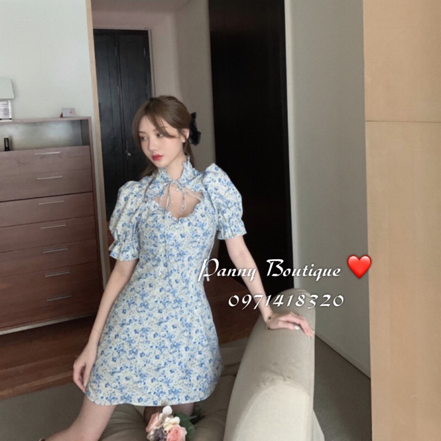 (Hàng sẵn có ảnh thật) Đầm Váy hoa xanh hoa nhí cổ tàu tay nhún🌿, style ulzzang Hàn Quốc 🌻 Panny Boutique 🌻