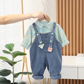 Bộ áo sơ mi dài tay họa tiết kẻ sọc ca rô + quần yếm thời trang cho bé từ 0-5 tuổi