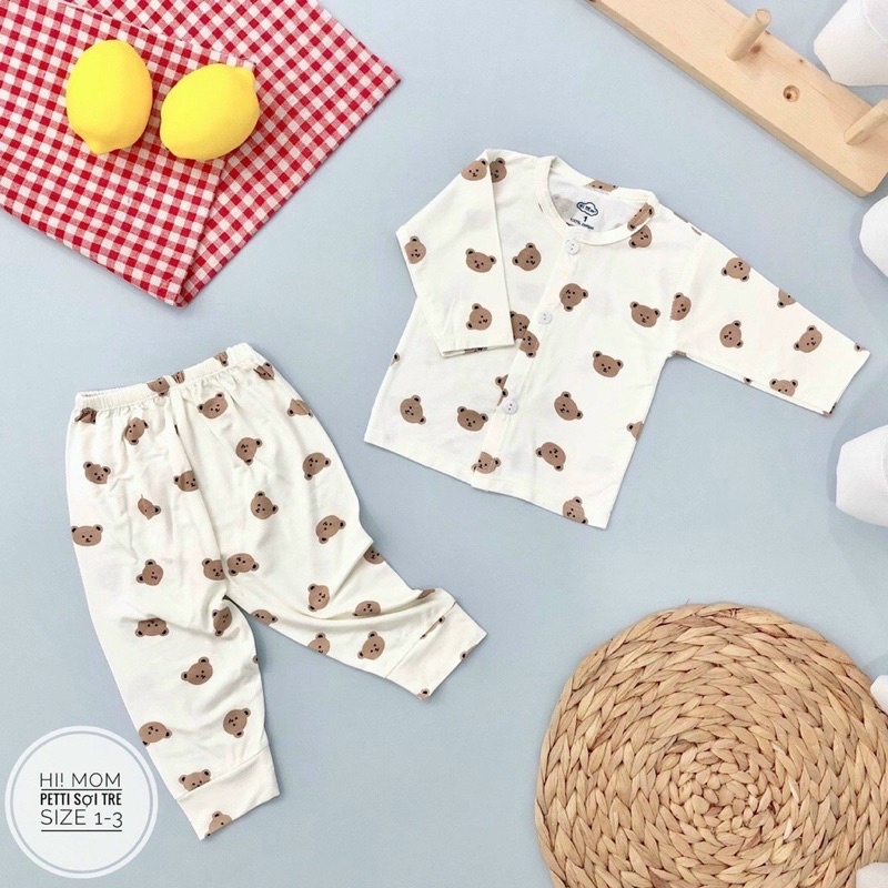 Bộ sơ sinh tông màu trắng họa tiết  dài tay  chất  pettit siêu mềm mát Himom
