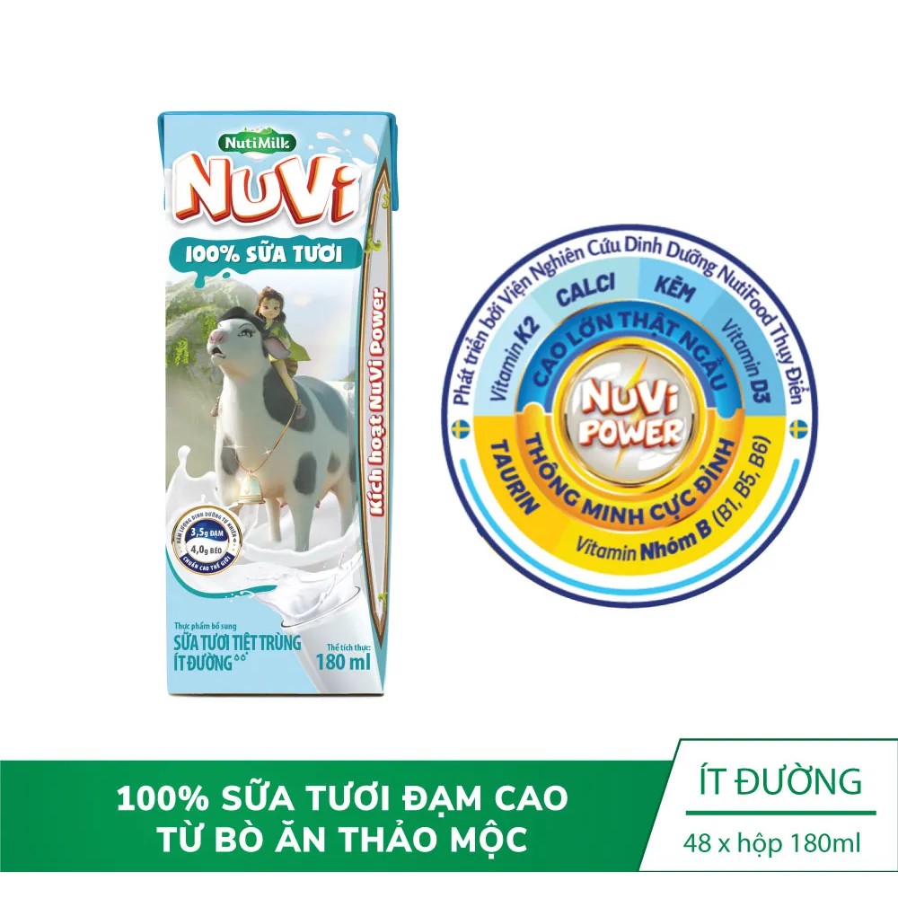 Thùng 48 hộp NuVi 100% Sữa Tươi – Sữa Tươi Tiệt Trùng Ít Đường hộp 180ml/hộp